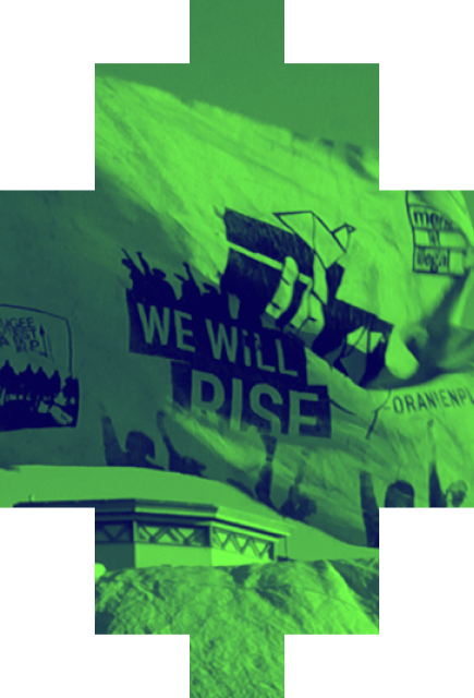 Image with banner saying "we will rise"